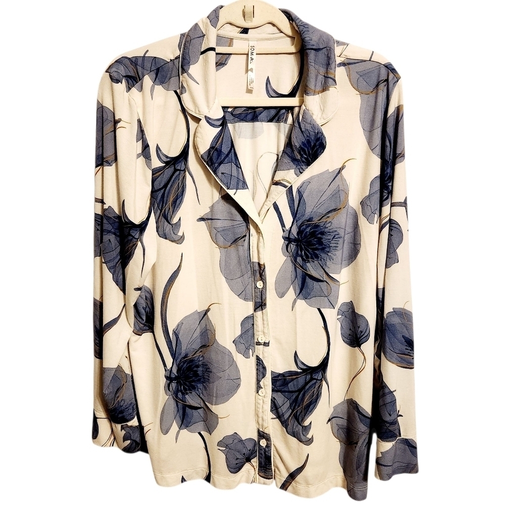 Soma | Women's Blue and White Floral Printed Button Down Pajama Top (Size XXL)